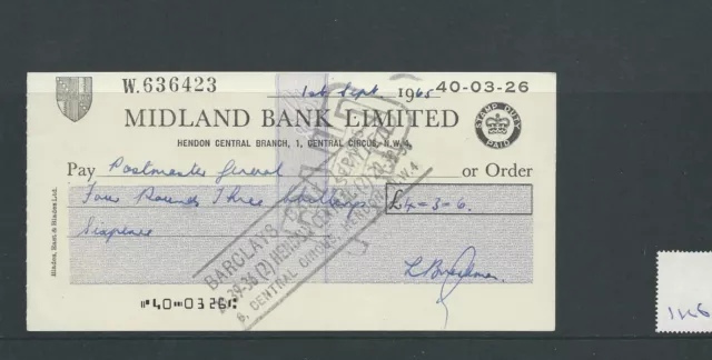 wbc. - CHEQUE - CH1126- USED -1965 - MIDLAND BANK, HENDON CENTRAL, LONDON NW4