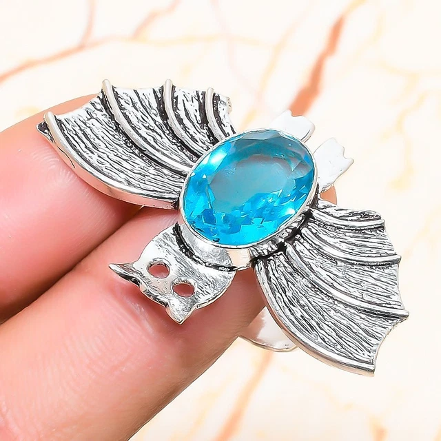 Swiss Blue Topaz Gemstone Handmade Gift Jewelry Ring Size 7.5 I215