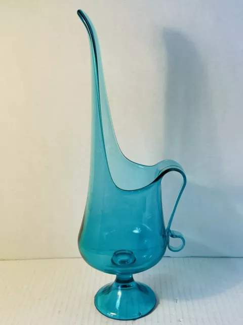 Vtg. 15”Mid Century Modern L. E. Smith VIKING Glass Aqua Blue Swung Vase Pitcher