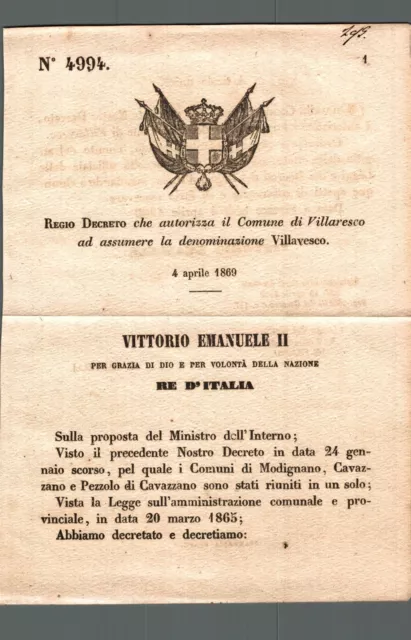 Regio Decreto il comune di Villaresco diventa Villavesco 1869