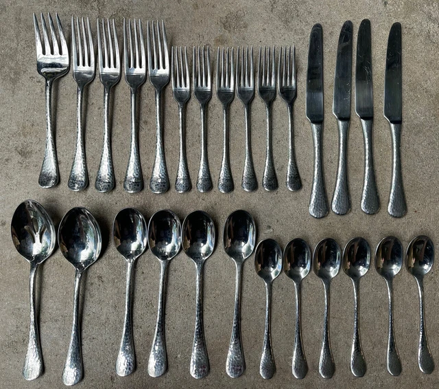 GINKGO Hammered Glossy LAFAYETTE Stainles Flatware 27 Pc 4 place W/servers + GINKGO Hammered Glossy LAFAYETTE Stainles Flatware 27 Pc 4 place W/servers +