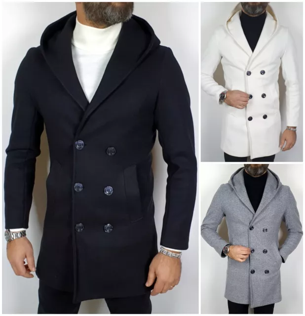 Giubbotto Uomo Invernale Cappotto Lungo Doppiopetto Giacca Slim Fit  Cappuccio