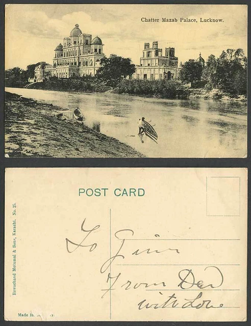 Indien um 1910 alte Postkarte CHATTER MAZAB PALACE LUCKNOW Boote Kanus Fluss Szene