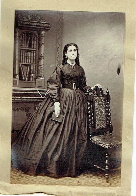 Victorian cdv type photo young lady standing holding book hand on chair Victorian cdv type photo young lady standing holding book hand on chair