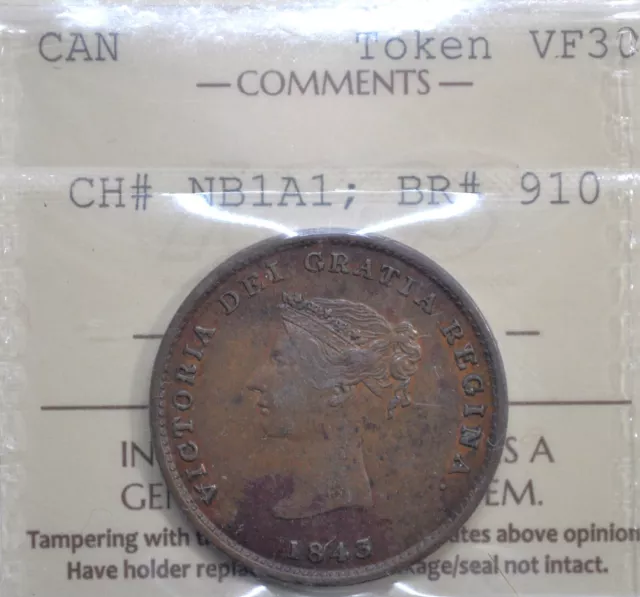 1843 New Brunswick Halfpenny Token; NB-1A1; ICCS graded VF-30