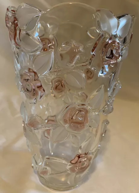Mikasa Bella Rose Crystal Vase 9" Frosted Pink Roses Made In Germany Art Nouveau