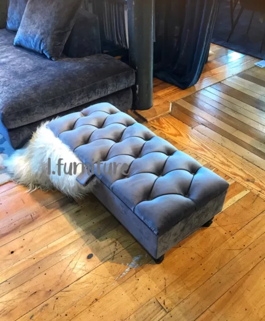 Ottoman Pouffe Wooden Chesterfield Velvet Footstool With Storage - Grey