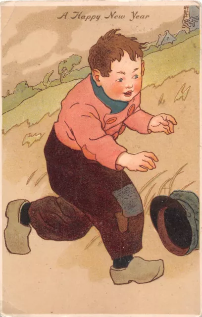 Cute Little Boy Chasing His Hat In The Wind on Old New Year Postcard