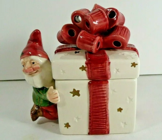 Vintage 1992 Fitz And Floyd Christmas Elves Trinket Box Wrapped Present Red Bow