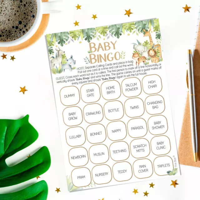 Juego de Baby Shower - BINGO SAFARI, Unisex, Animales, Juegos, Fiesta, Verde, Diversión de la Momia