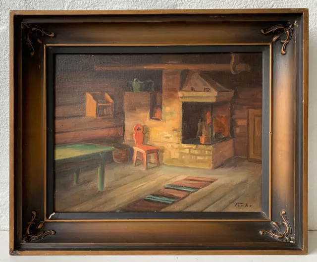 Pintura Al Óleo Antiguo Salón de Casa Campo Con Fuego Y Muebles Ilegible Firmado 2
