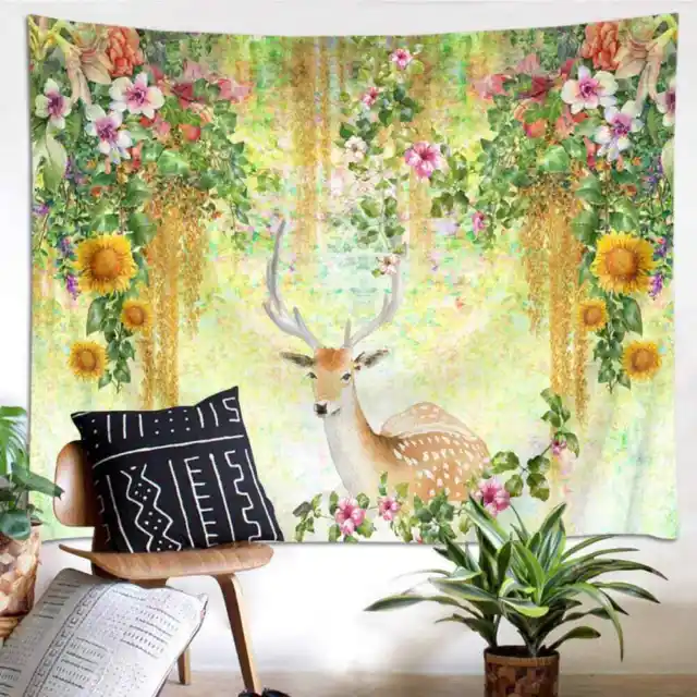 Colorful Flower Deer 3D Wall Hang Cloth Tapestry Fabric Decorations Decor