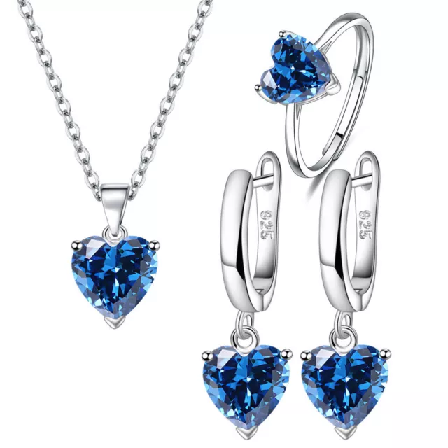 925 Sterling Silver Blue Crystal Heart Necklace Earrings Ring Women Jewelry Set