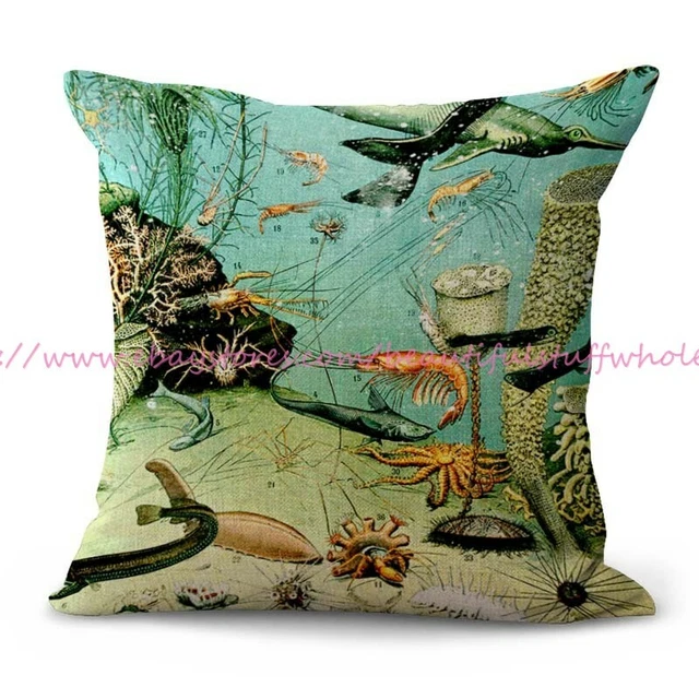 living room decor Adolphe Millot ocean sea life vintage French art cushion cover