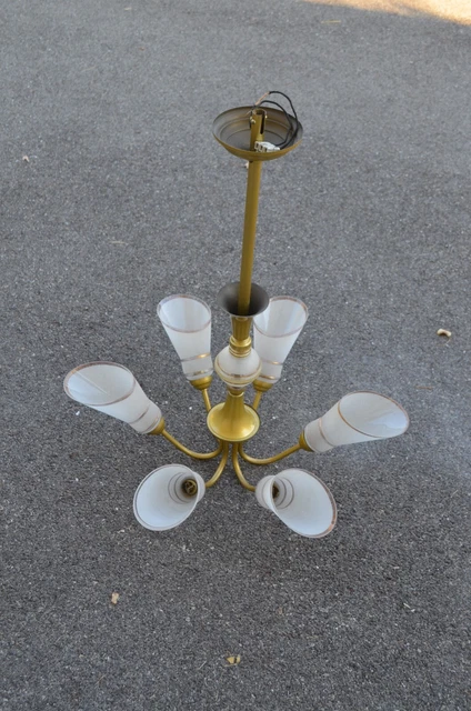 Suspension / Lustre 6 tulipes verre granité et laiton Vintage années 1950