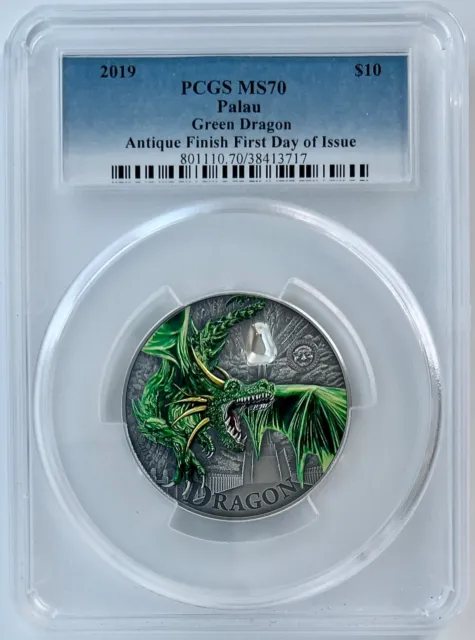 2019 Palau $10 Green Dragon 2 Oz Silver Coin PCGS MS 70 Antique Finish FDOI 999