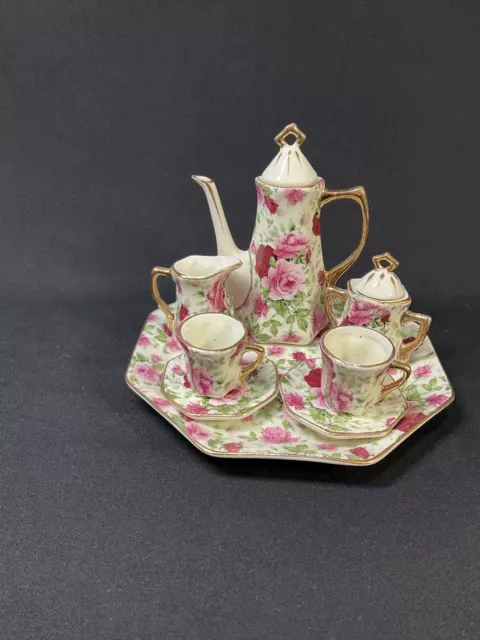 Vintage Miniature Chintz Pink Floral 10 Piece Tea Set 2