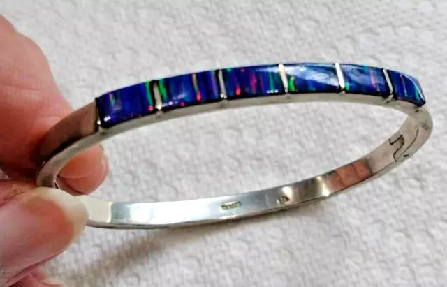 Vintage 925 Sterling Mexico Striped Boulder Opal Inlay Hinged Bracelet