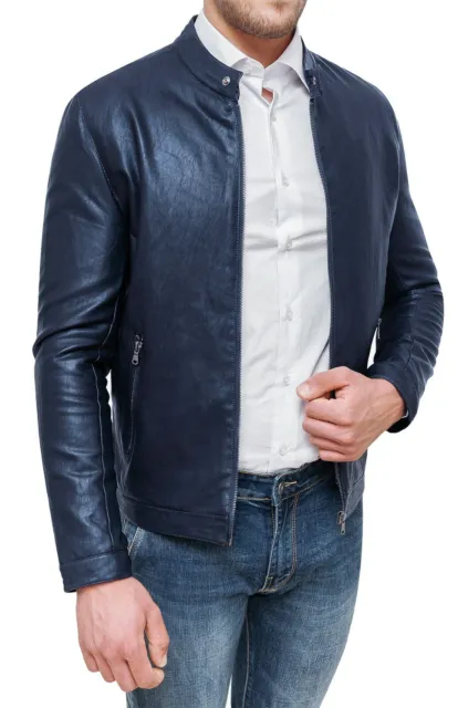 Giubbotto uomo ecopelle casual blu giubbino giacca taglia da S a 3XL