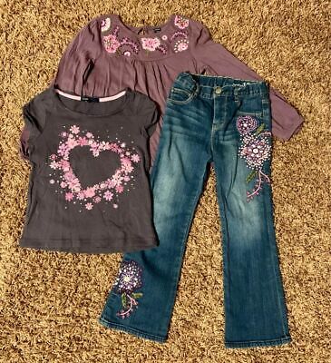 EUC Girls Gap Embroidered Jeans and Shirts Outfit Set SIZE 5 Floral Flowers