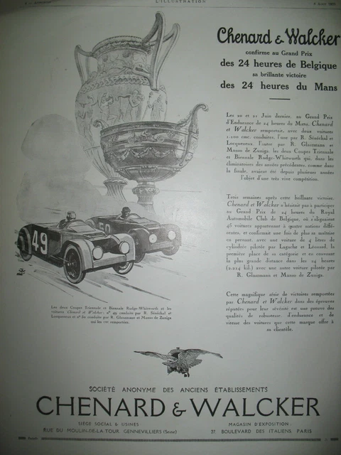 Publicite De Presse Chenard & Walcker Automobile Gp 24 H Illustration Wanko 1925
