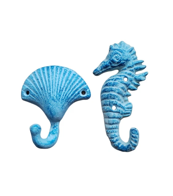 Set of 2 Bathroom Towel Hooks Blue Cast Iron Nautical Sea Shell Seahorse Hooks