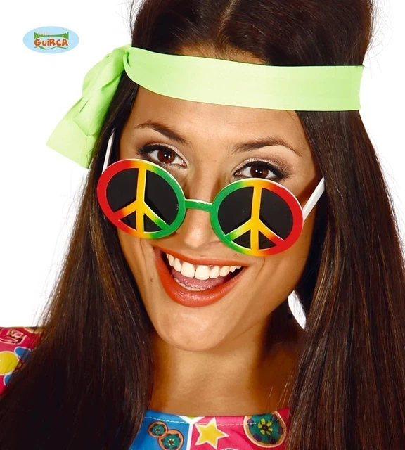 Carnevale Halloween Occhiali Tondi Hippie Colori Jamaica Simbolo Pace Anni '70