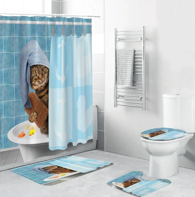 4 Pcs Funny Cat Shower Curtain Set with Rug, Blue Bathroom Sets with Bath Mat
