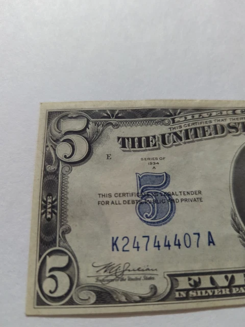 US $5 Five Dollar SILVER CERTIFICATE Series 1934A - Blue Seal 4
