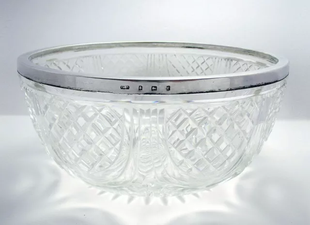 Large 9" Antique 1905 Sterling Silver Rim Cut Crystal Glass Bowl Fruit Salad