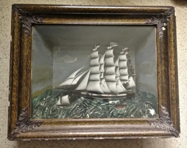 Vintage 1890-1900 Sailing Ship Diorama Old Antique Shadow Box Nice LOOK & READ