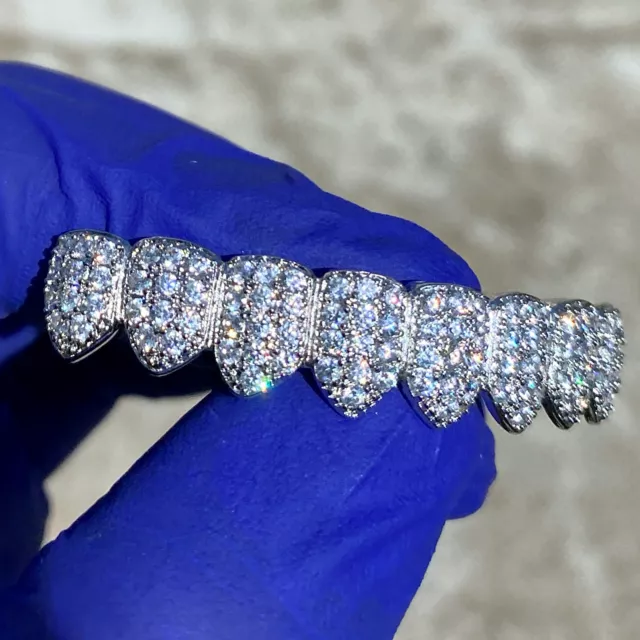 Men's Grillz 8 Bottom CZ Iced Eight Teeth Silver Tone Flooded Out Bling Grills