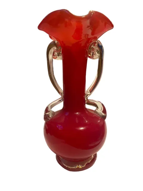 VTG Hand Blown Art Cased Glass Cherry Red Ruffled Fluted Bud Vase Two Handles