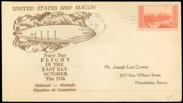 10/27/34 USS MACON NAVY DAY FLIGHT IN THE EAST BAY Cachet, Oakland CA Cancel!