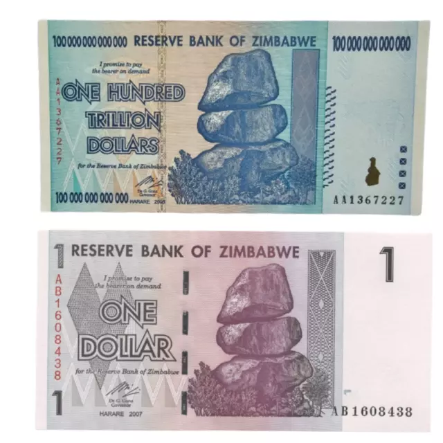 Ein Set mit 2 Stück: Simbabwe 100 Billionen und 1 Dollar Banknoten. Original, UNC AA