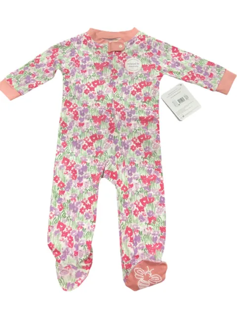 Burts Bees Baby Super Soft Pink Floral Organic Cotton Pajamas Sleepwear Sz 6/9