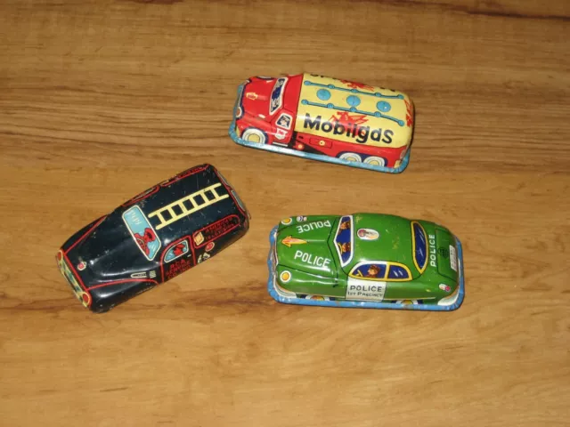 3 vehículos de juguete de fricción de lata vintage - policía, camión de gasolina móvil, línea de servicio RCA Mar