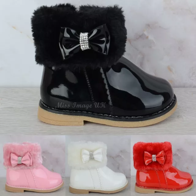 Baby Girls Infants Toddler Diamante Bow Zip Up Flat Ankle Boots Shoes Size