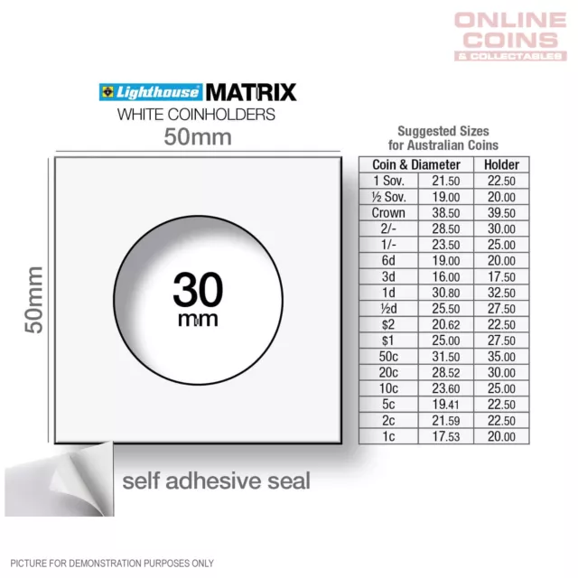 Lighthouse MATRIX WHITE Self Adhesive Coin Holders 30mm BOX OF 100 Florin & 20c 3