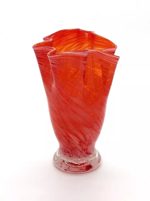 Hand Blown Art Glass Handkerchief Vase Red White