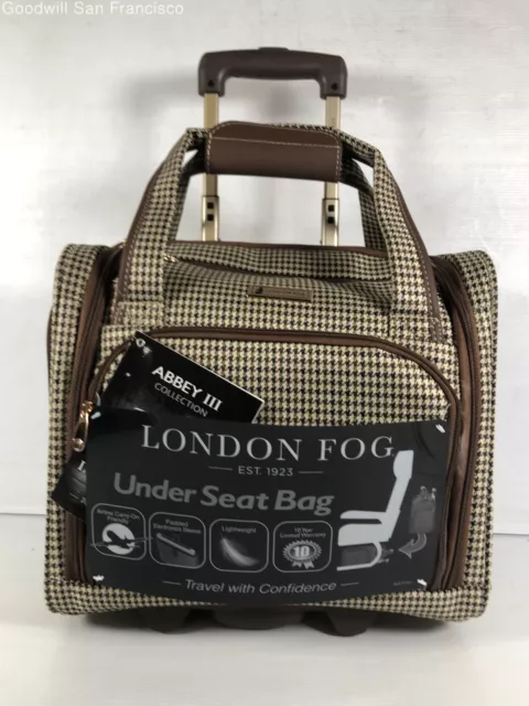 NWT London Fog Unisex Adults Beige Brown Canvas Houndstooth Under Seat Luggage