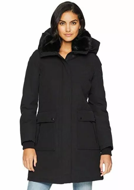 $520 Sam Edelman Women's Black Edelman Faux Fur Trim Canvas Parka Jacket Size XS