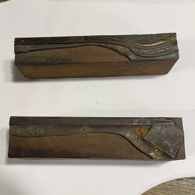 Vintage Printing Blocks Pitchfork & Garden Hoe Red Hawk Brand 3” Long