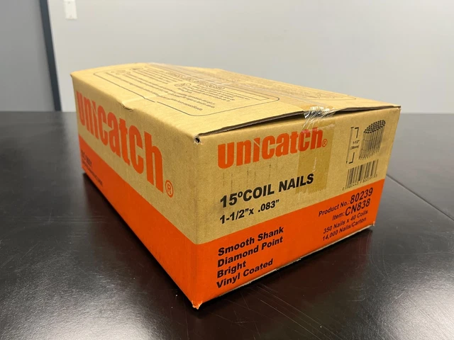 UNICATCH 1-1/2" X .083 Flat Coil Nail, Smooth/Bright, Blunt Diamond Pt, 14M/Case
