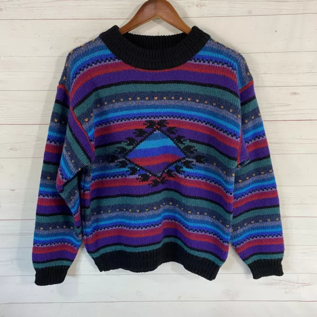 Vtg Woolrich Womens Bright Multicolor Stripe Ski Sweater Lg 100% Wool Pullover
