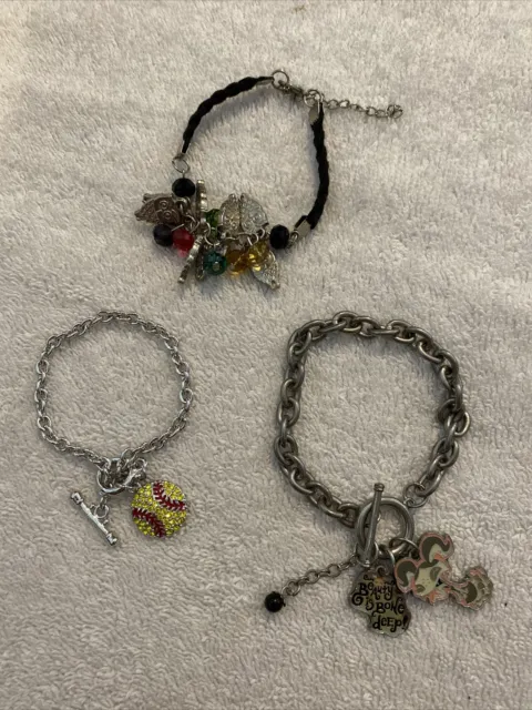 Set of 3 Girls Charm Bracelets Beauty is Bone Deep / Softball / Owls & Beads
