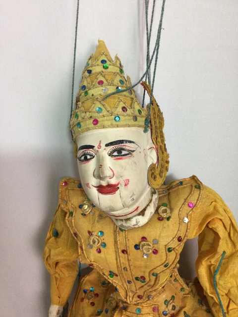 Antique Burmese Hand Carved/Painted Wooden 27" Marionette Puppet Folk Art 2