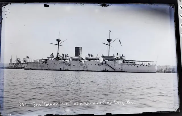 1890s 5x8 glass plate photo Negative USS Charleston C-2 War Ship Navy San Diego