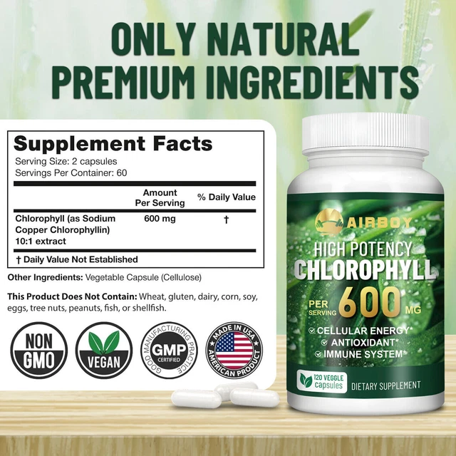 CHLOROPHYLL CAPSULES 600MG Antioxidant, Supplement for Immunity, Skin