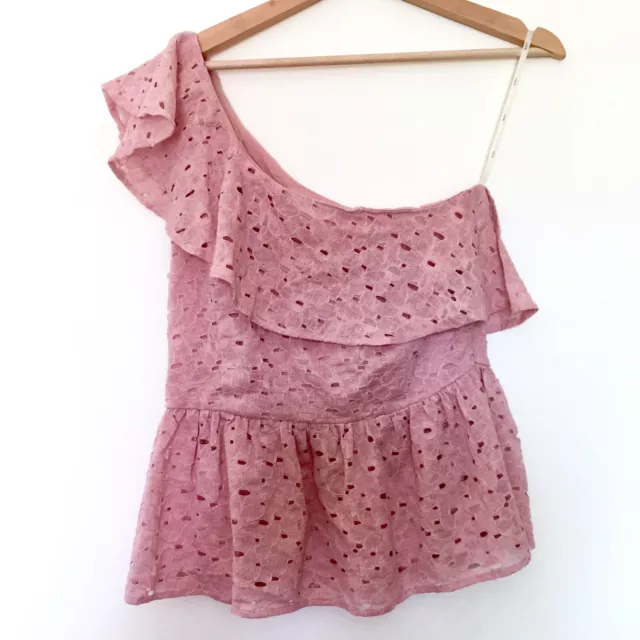 JOA Los Angeles Womens Rose Pink Floral Eyelet One Shoulder Peplum Top Sz Medium 2